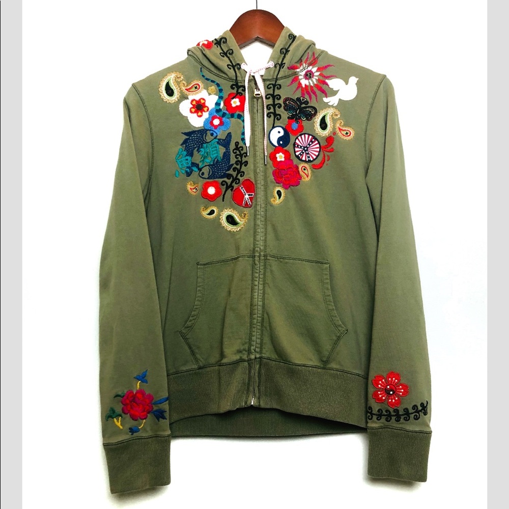 Lucky Brand Boho Zen Green Embroidered Hoodie